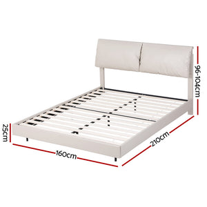 Queen Bed Frame | RGB LED Floating Bed | Adjustable Headboard | Beige & White