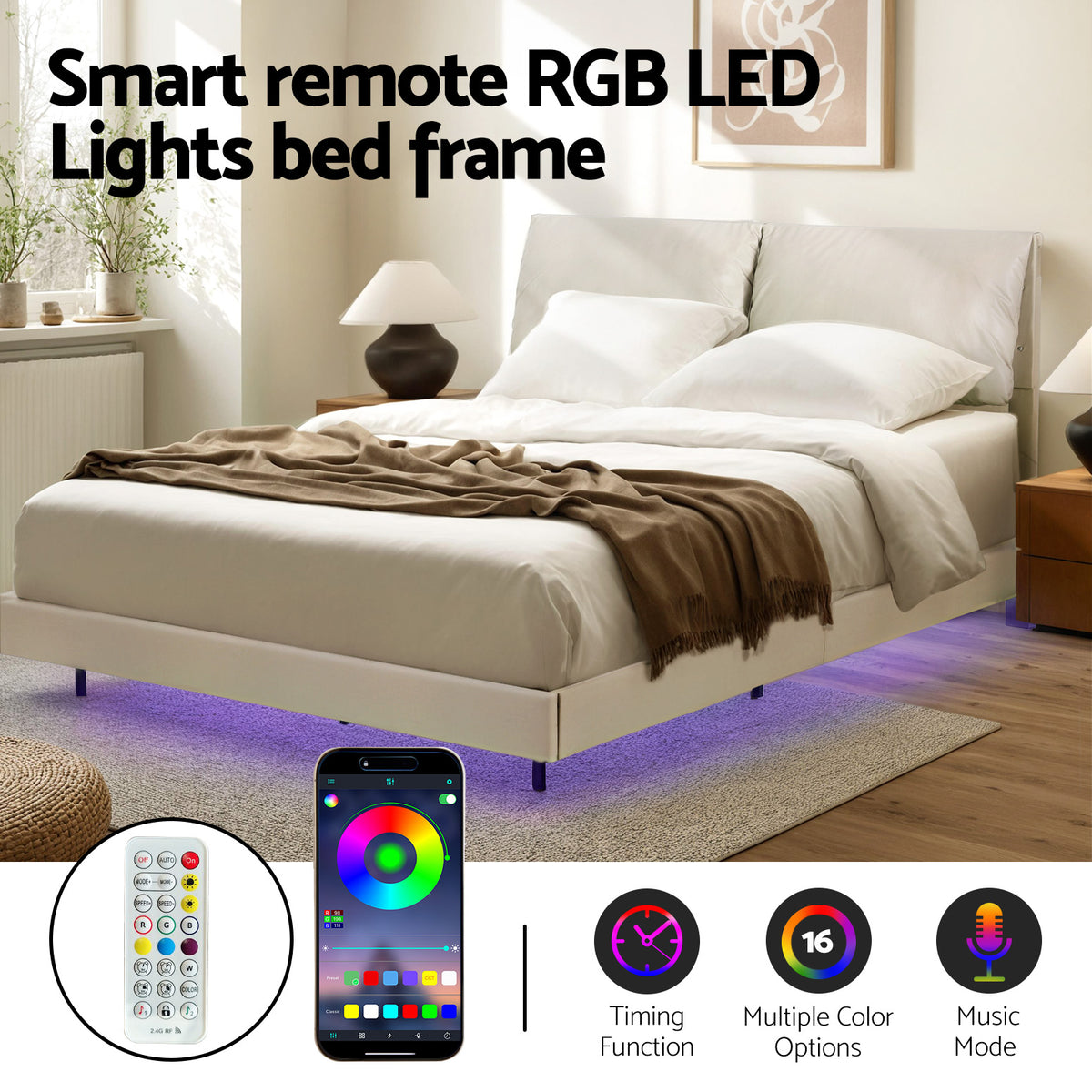 Queen Bed Frame | RGB LED Floating Bed | Adjustable Headboard | Beige & White
