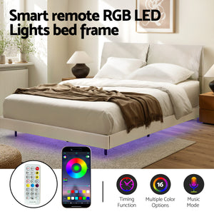 Queen Bed Frame | RGB LED Floating Bed | Adjustable Headboard | Beige & White