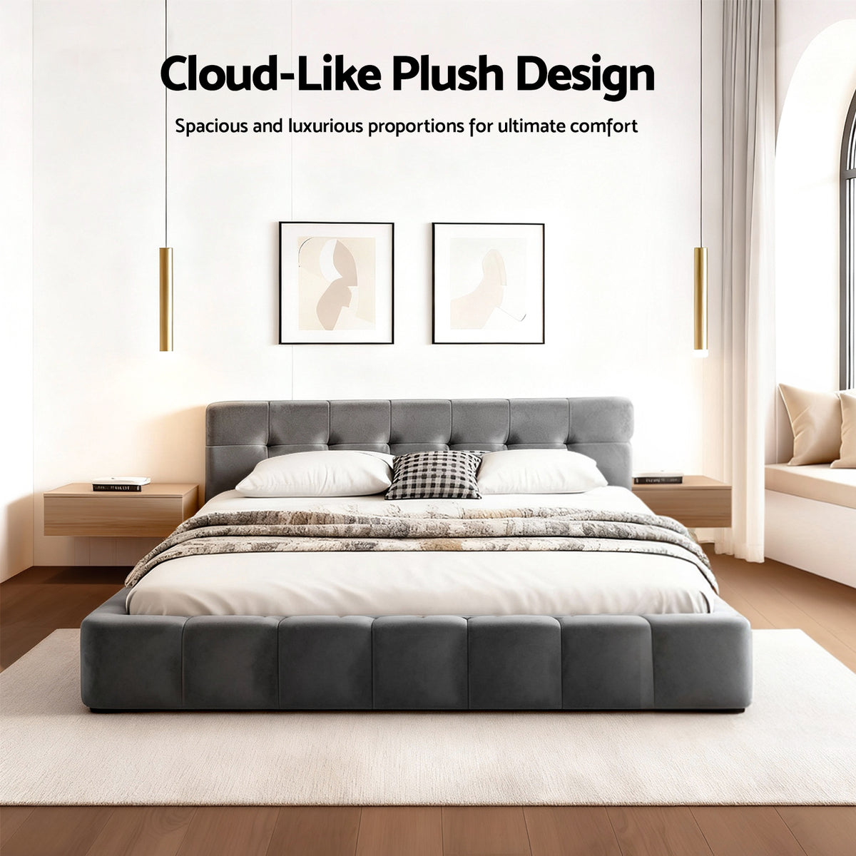 Double Bed Frame | Plush Velvet Headboard | Modern Platform Base | Grey