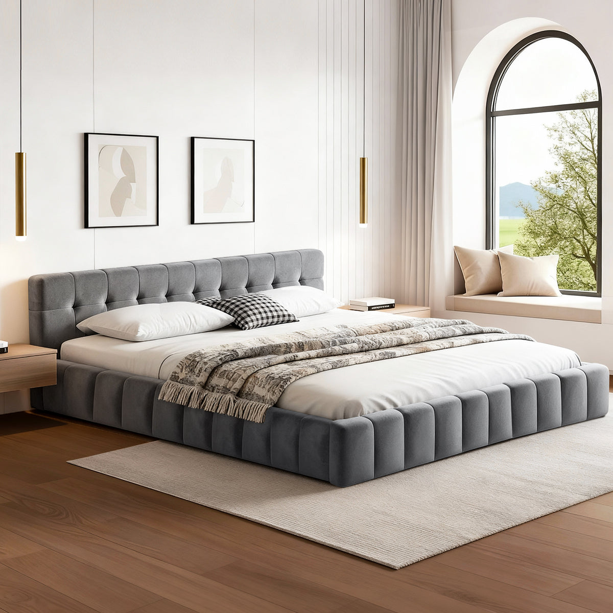 King Bed Frame | Plush Velvet Headboard | Modern Platform Base | Grey