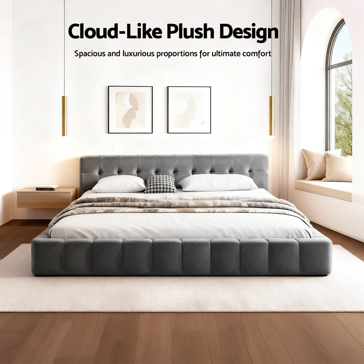 King Bed Frame | Plush Velvet Headboard | Modern Platform Base | Grey