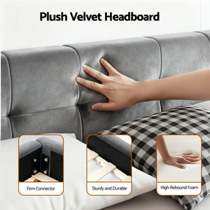 King Bed Frame | Plush Velvet Headboard | Modern Platform Base | Grey
