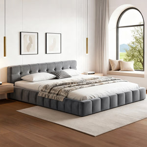 Queen Bed Frame | Plush Velvet Headboard | Modern Platform Base | Grey
