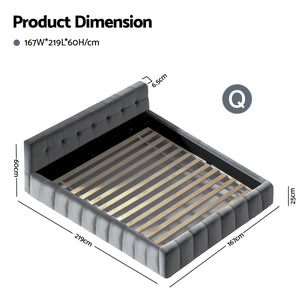 Queen Bed Frame | Plush Velvet Headboard | Modern Platform Base | Grey