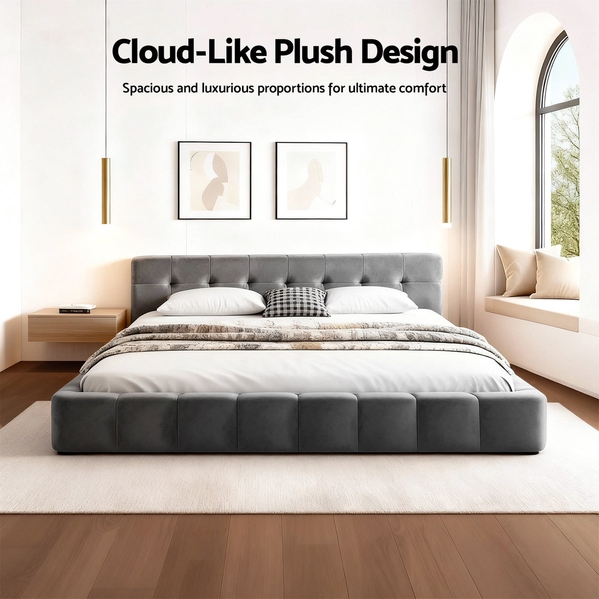 Queen Bed Frame | Plush Velvet Headboard | Modern Platform Base | Grey