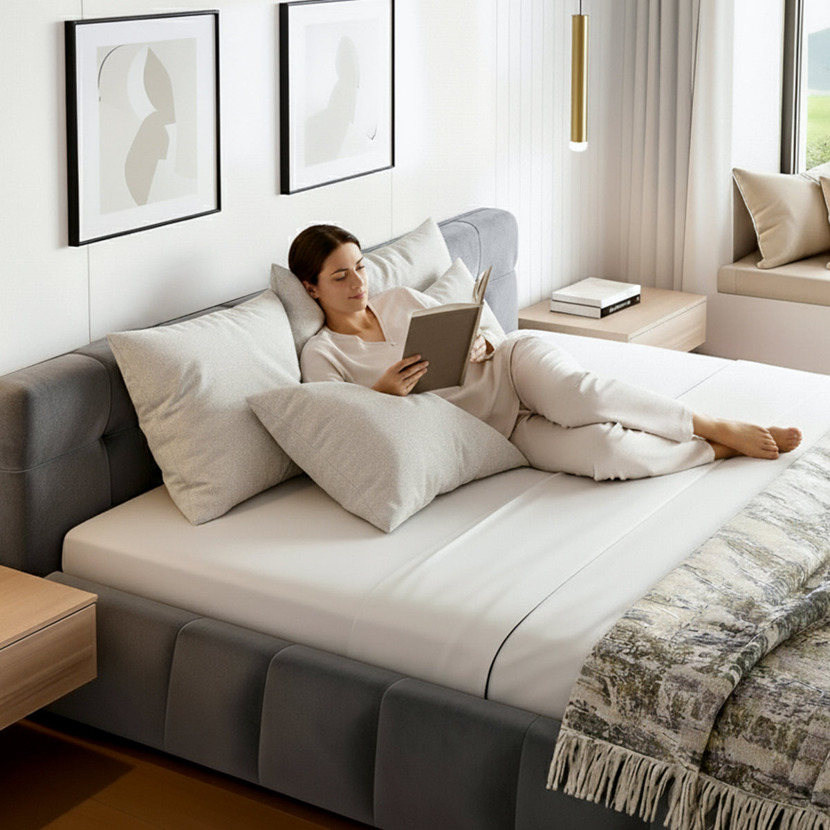 Queen Bed Frame | Plush Velvet Headboard | Modern Platform Base | Grey