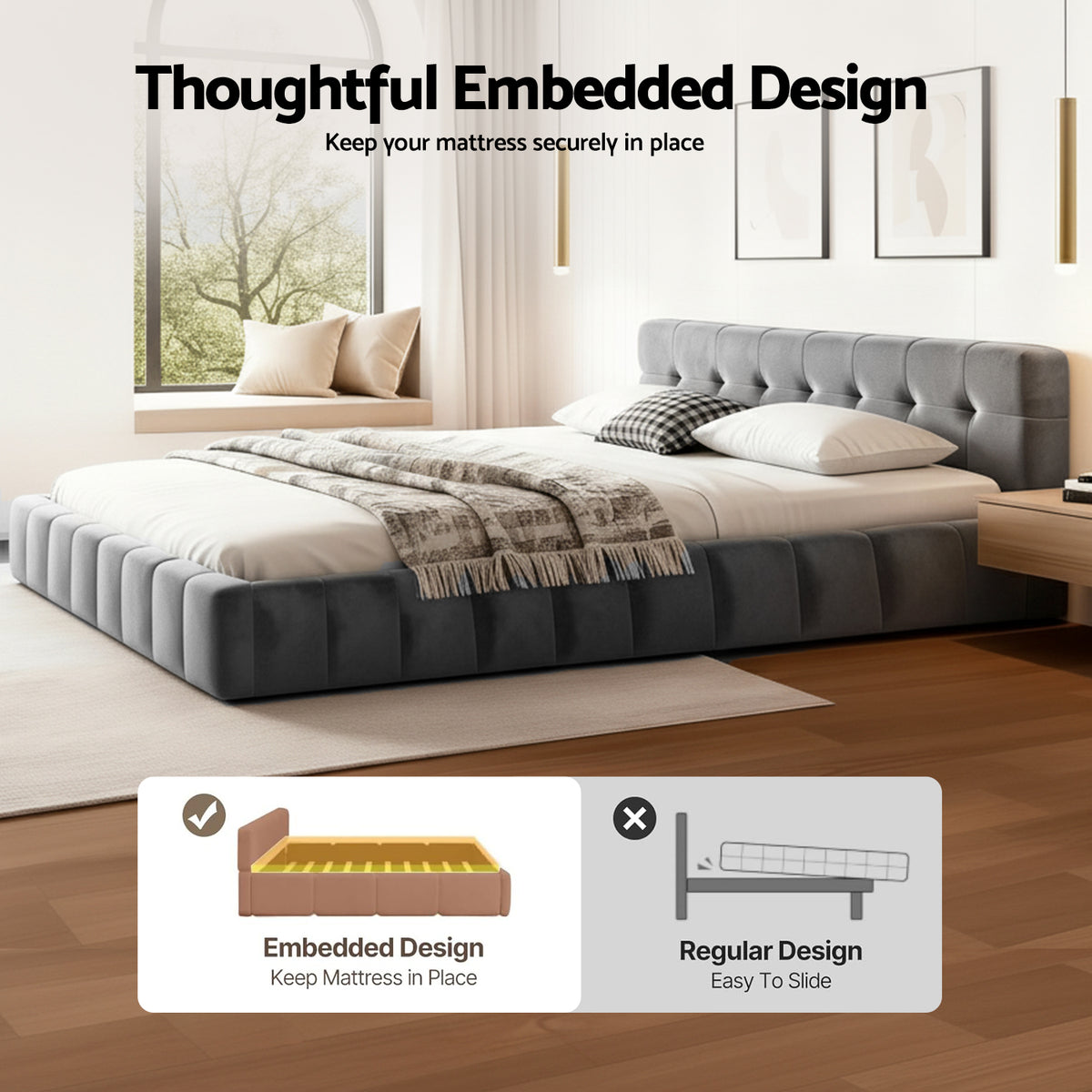 Queen Bed Frame | Plush Velvet Headboard | Modern Platform Base | Grey