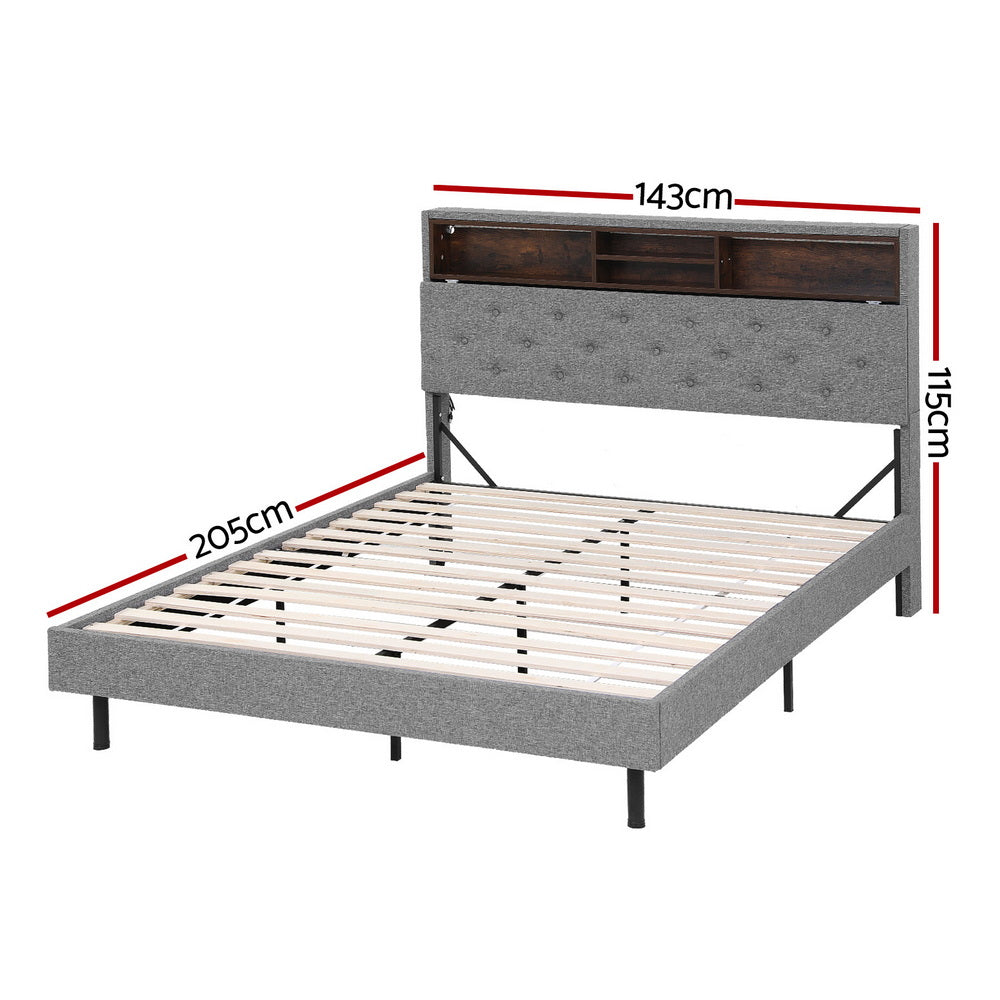 Double Bed Frame | LED Platform Base | Storage Shelf + Hidden Box | Grey