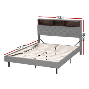 Double Bed Frame | LED Platform Base | Storage Shelf + Hidden Box | Grey