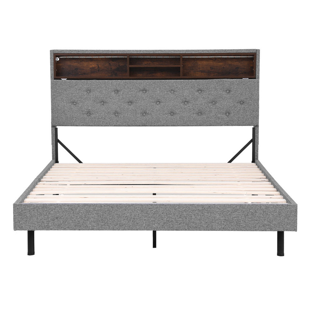 Double Bed Frame | LED Platform Base | Storage Shelf + Hidden Box | Grey
