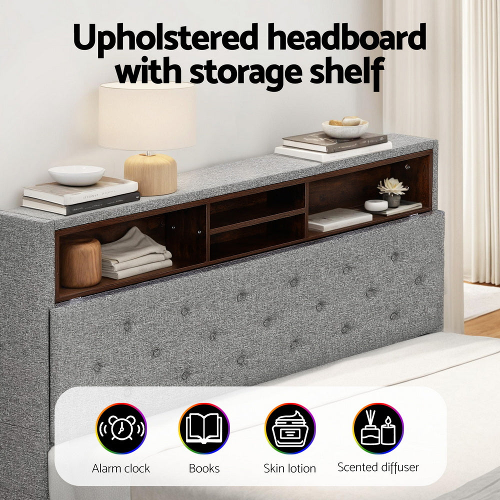 Double Bed Frame | LED Platform Base | Storage Shelf + Hidden Box | Grey