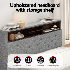 Double Bed Frame | LED Platform Base | Storage Shelf + Hidden Box | Grey
