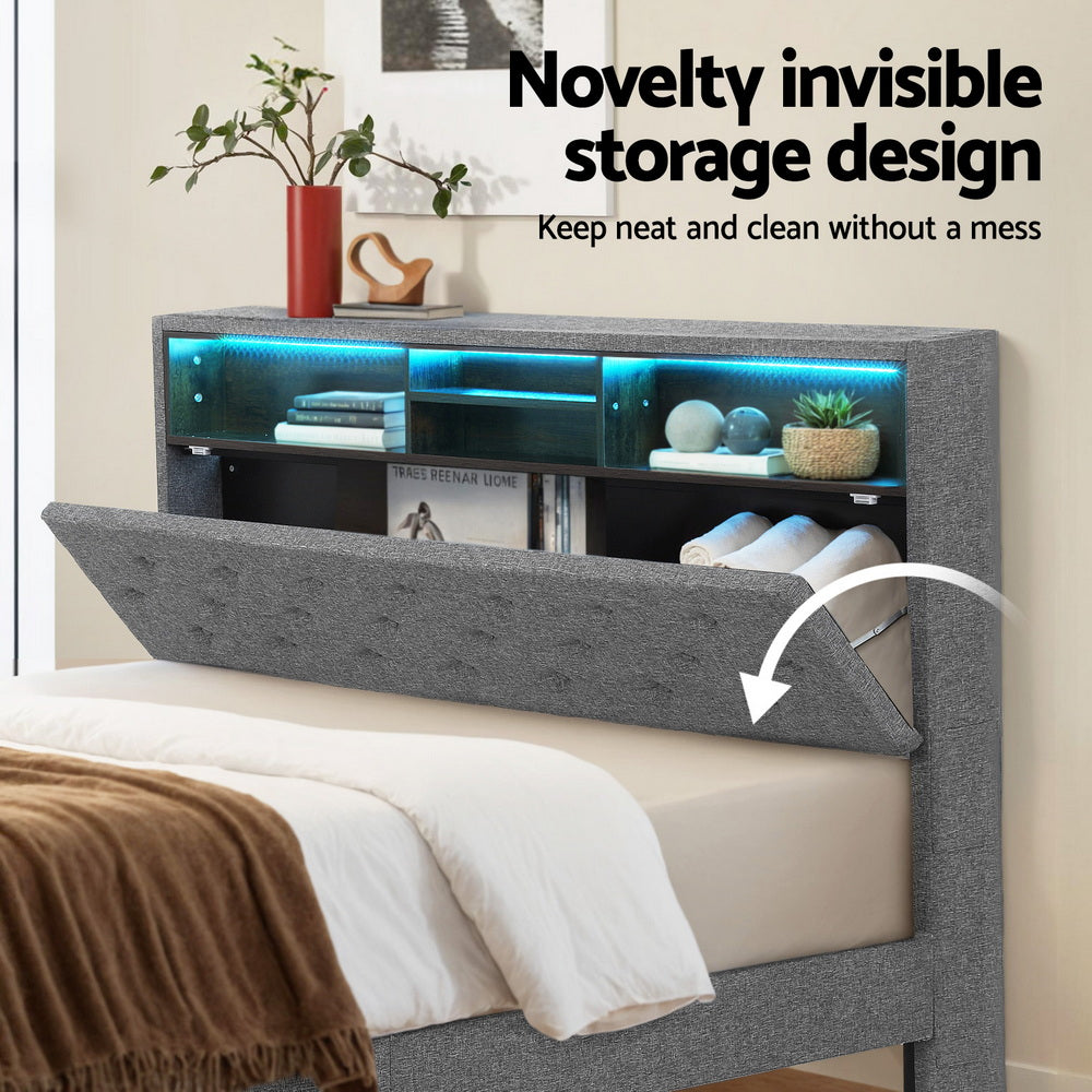 Double Bed Frame | LED Platform Base | Storage Shelf + Hidden Box | Grey