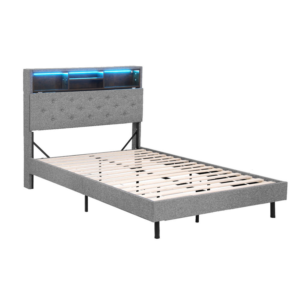 King Single Bed Frame | LED Platform Base | Storage Shelf + Hidden Box | Grey