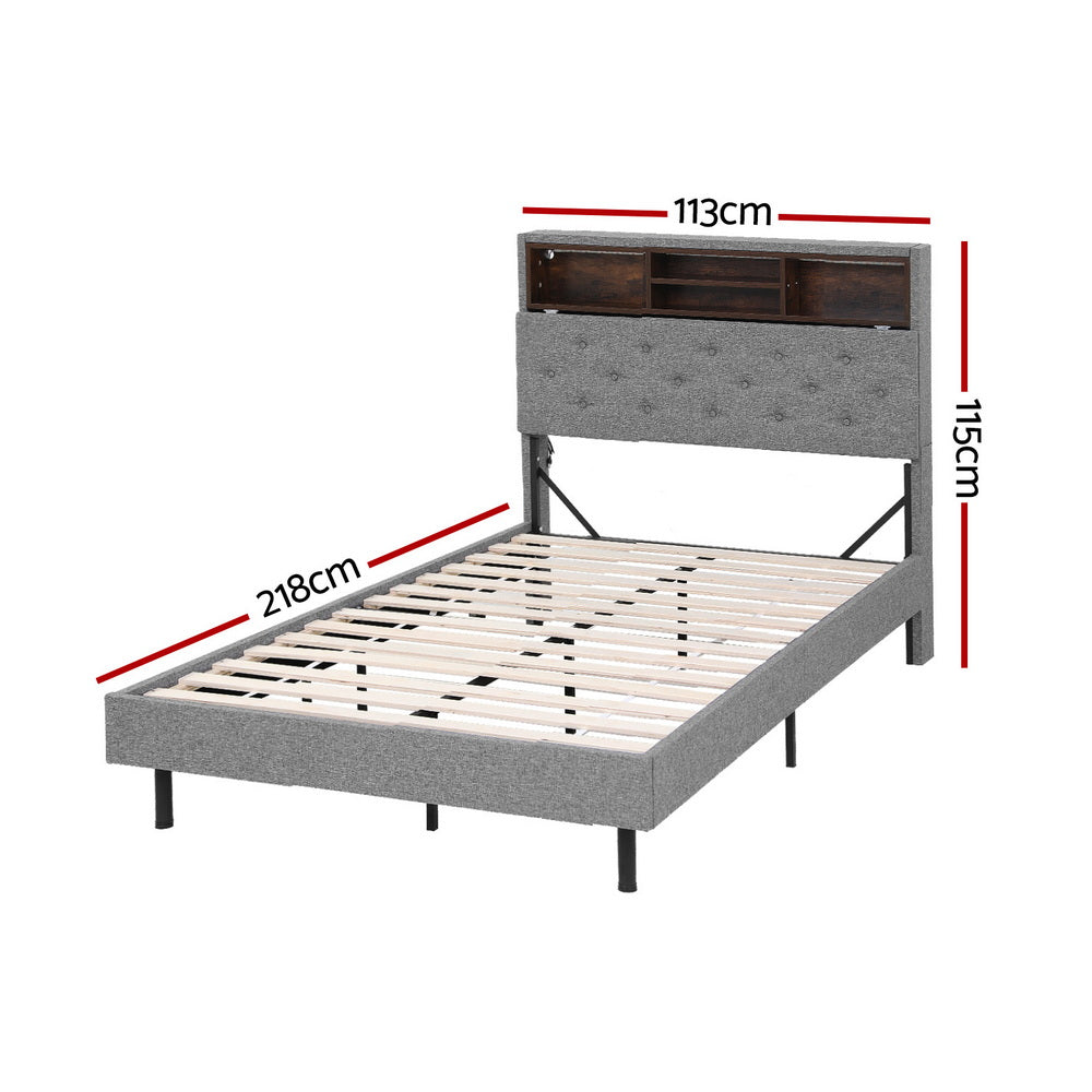 King Single Bed Frame | LED Platform Base | Storage Shelf + Hidden Box | Grey