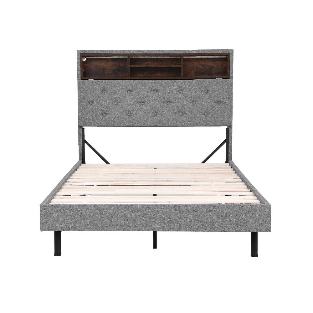 King Single Bed Frame | LED Platform Base | Storage Shelf + Hidden Box | Grey