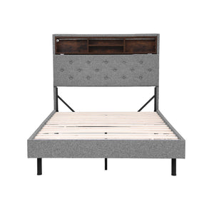 King Single Bed Frame | LED Platform Base | Storage Shelf + Hidden Box | Grey