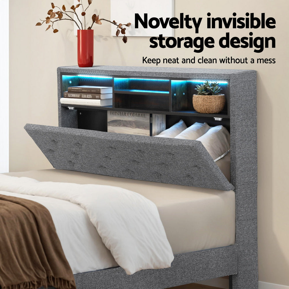 King Single Bed Frame | LED Platform Base | Storage Shelf + Hidden Box | Grey