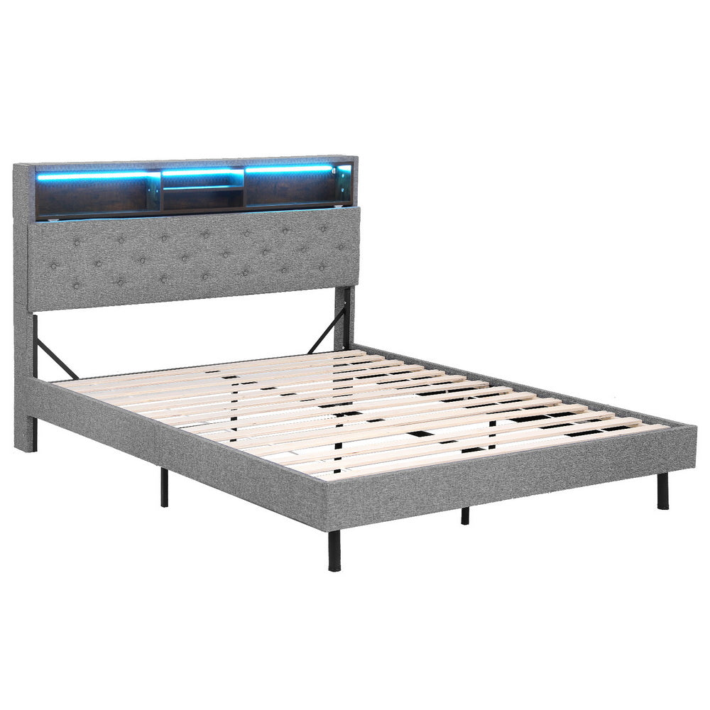 Queen Bed Frame | LED Platform Base | Storage Shelf + Hidden Box | Grey
