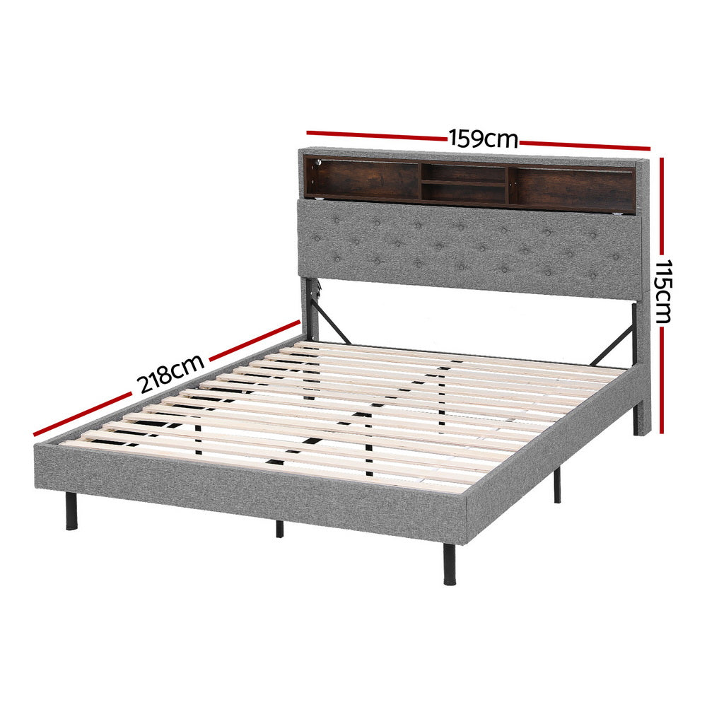 Queen Bed Frame | LED Platform Base | Storage Shelf + Hidden Box | Grey