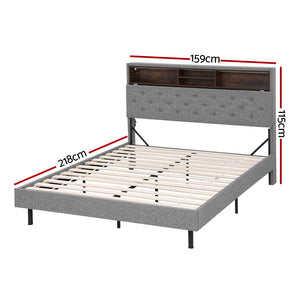 Queen Bed Frame | LED Platform Base | Storage Shelf + Hidden Box | Grey