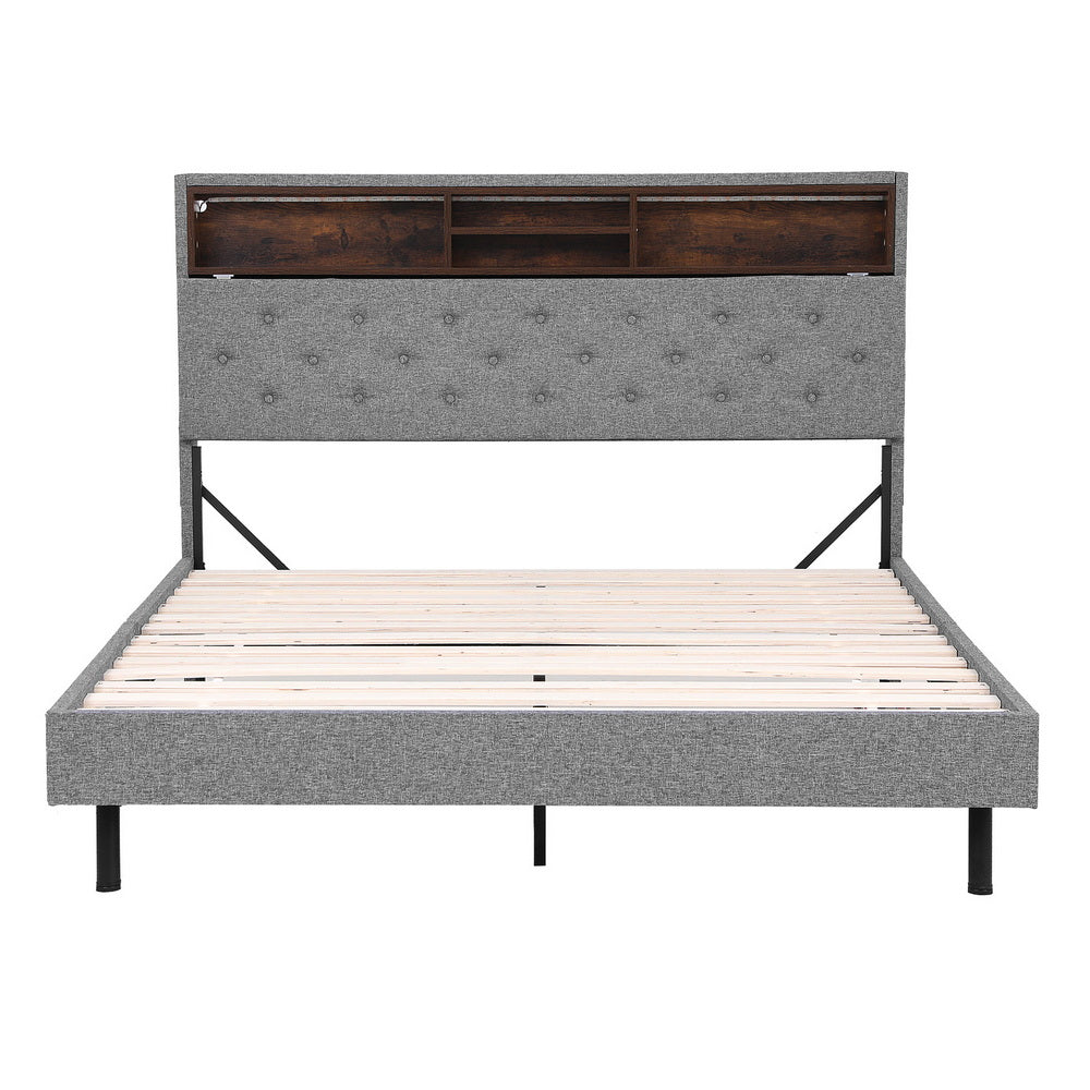Queen Bed Frame | LED Platform Base | Storage Shelf + Hidden Box | Grey