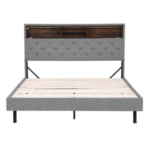 Queen Bed Frame | LED Platform Base | Storage Shelf + Hidden Box | Grey