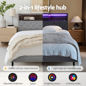 Queen Bed Frame | LED Platform Base | Storage Shelf + Hidden Box | Grey