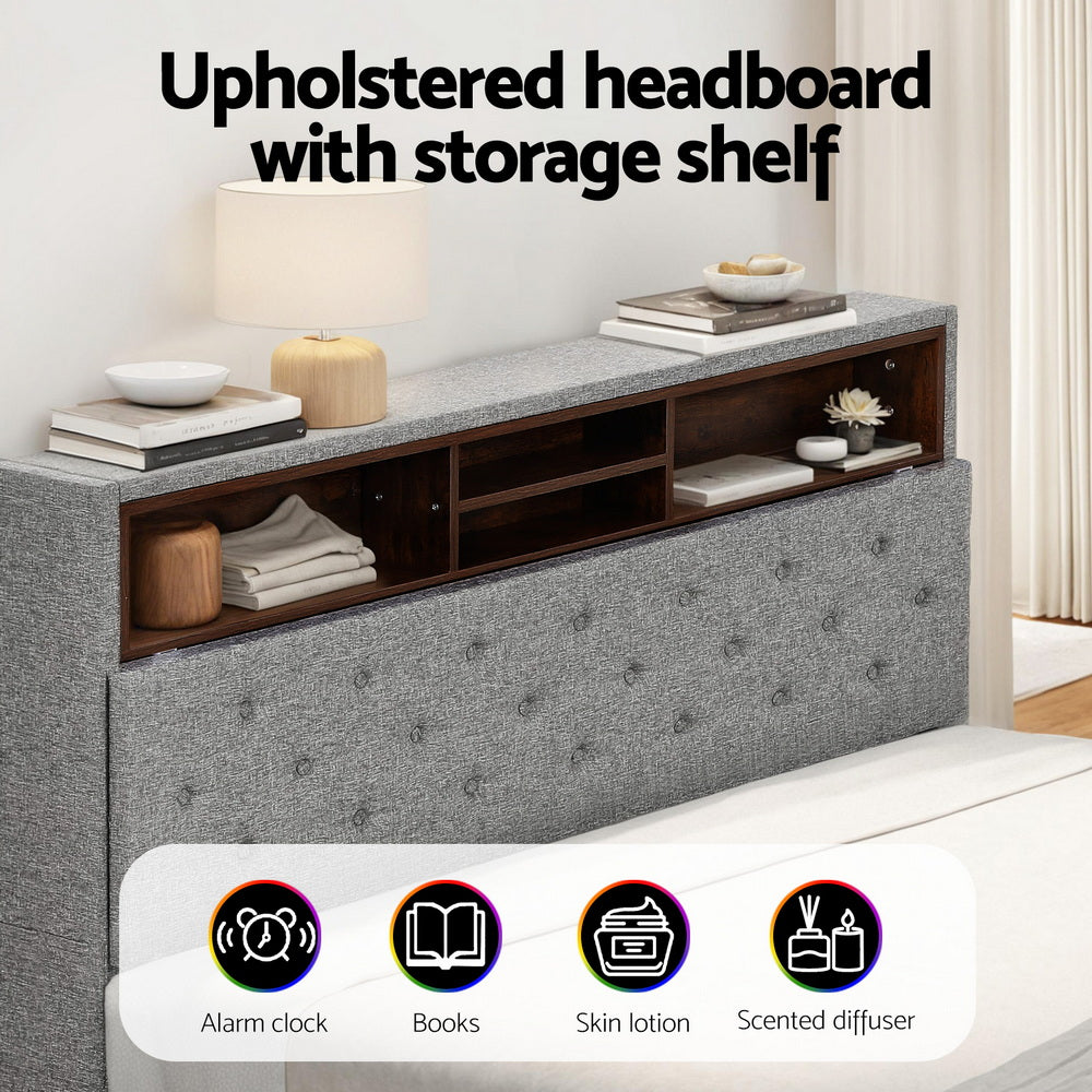 Queen Bed Frame | LED Platform Base | Storage Shelf + Hidden Box | Grey