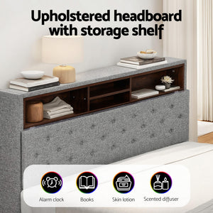 Queen Bed Frame | LED Platform Base | Storage Shelf + Hidden Box | Grey