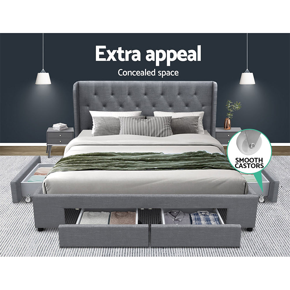 Bed Frame | Queen Size | With 4 Drawers | Grey | MILA