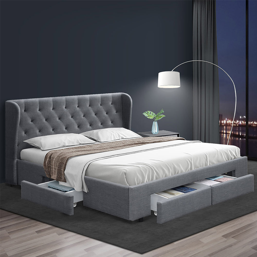 Bed Frame | Queen Size | With 4 Drawers | Grey | MILA