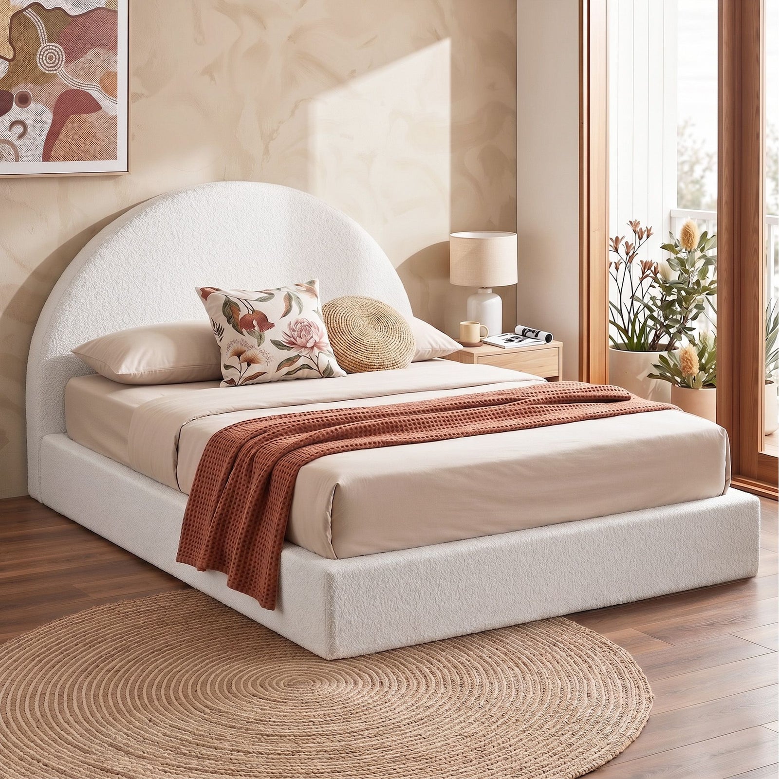 Queen Bed Frame | Boucle Fabric Compressed Bed Base with Washable Cover