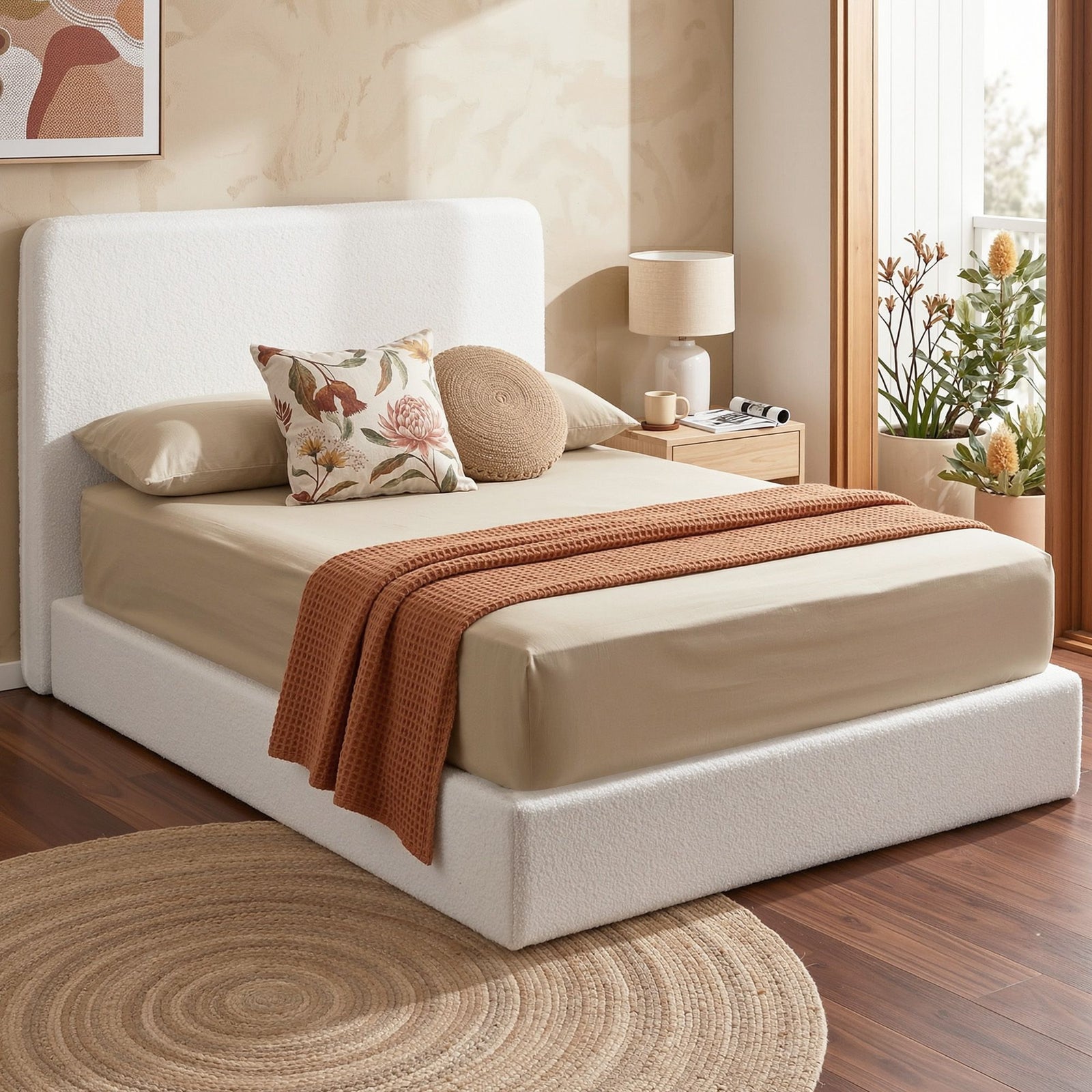 Double Bed Frame | Boucle Fabric Compressed Bed Base with Washable Cover