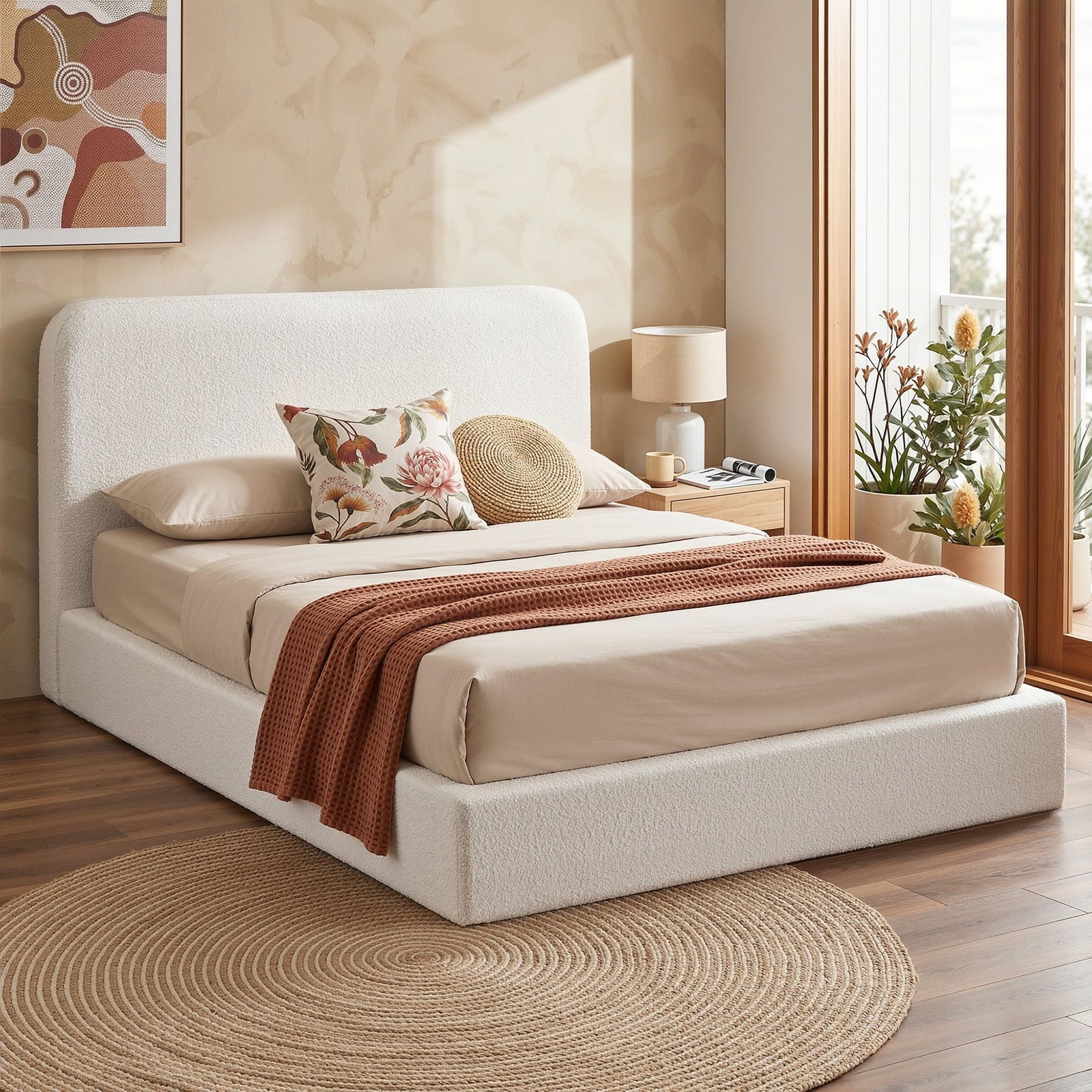 Queen Bed Frame | No-Assembly Boucle Compressed Bed Base