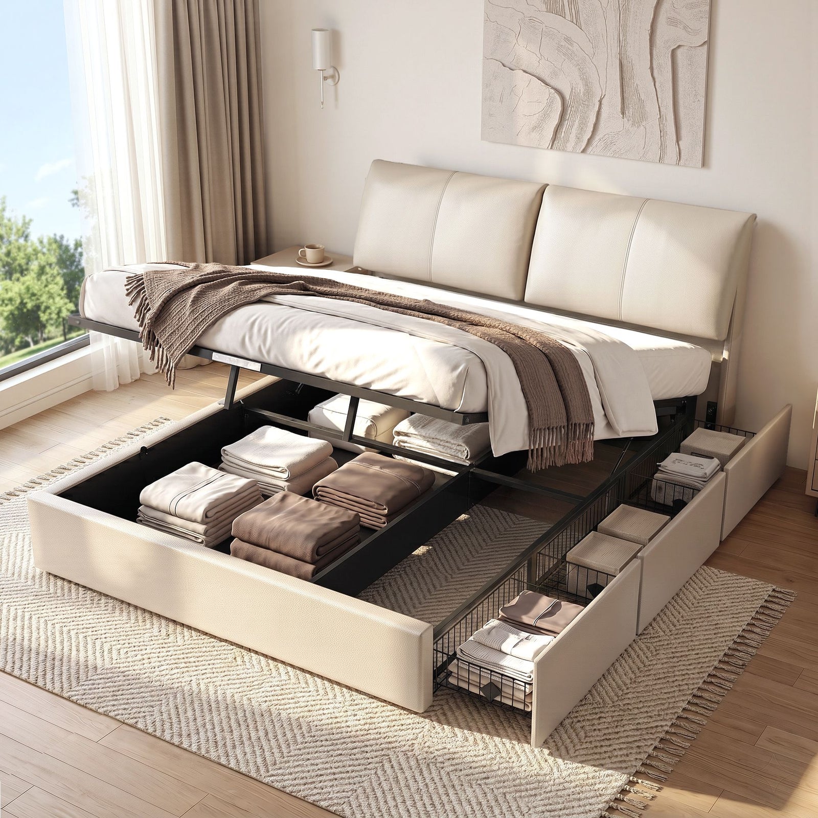 King Bed Frame | Gas Lift Storage Base with 3 Drawers & Adjustable Headboard
