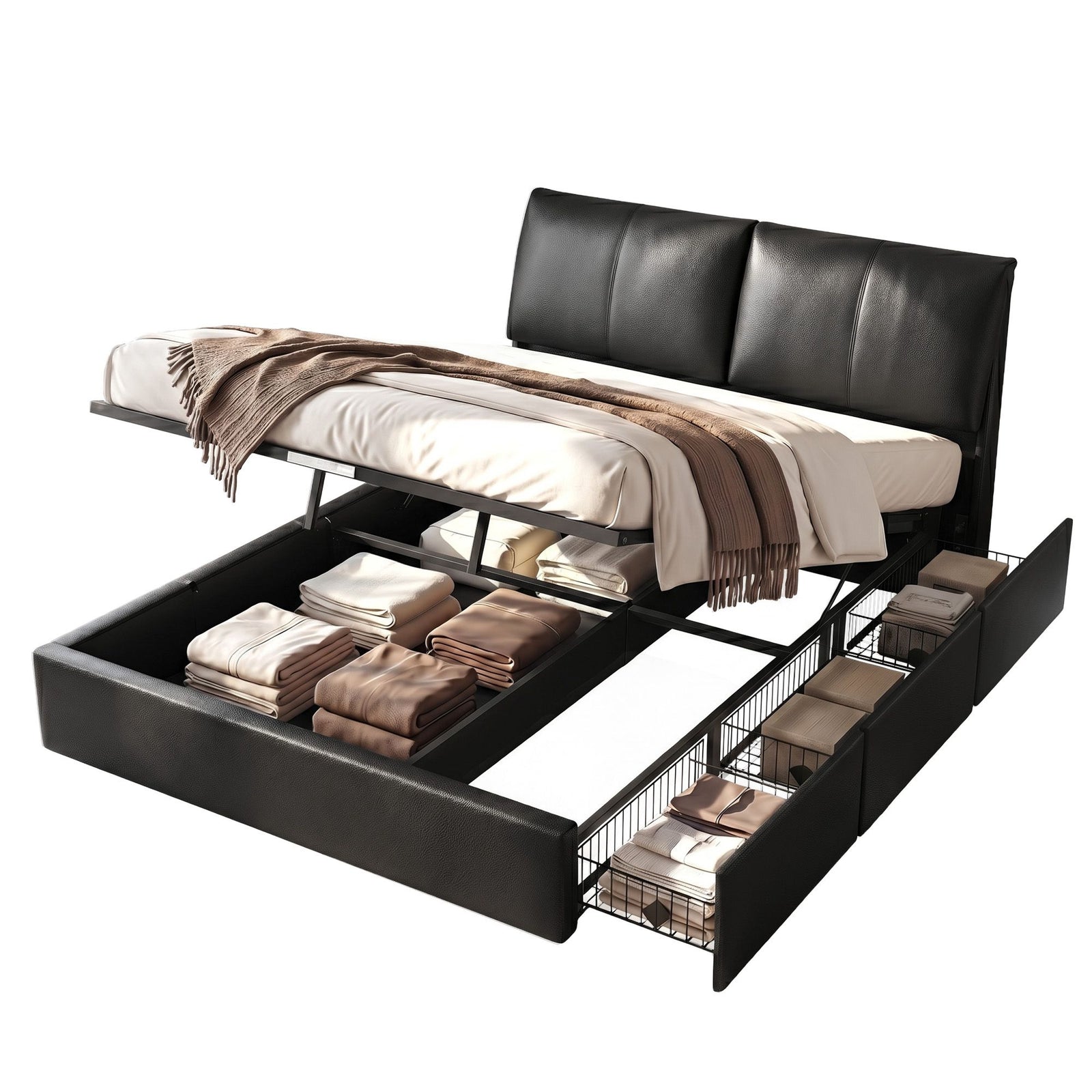 King Bed Frame | Black Gas Lift Storage Base with 3 Drawers