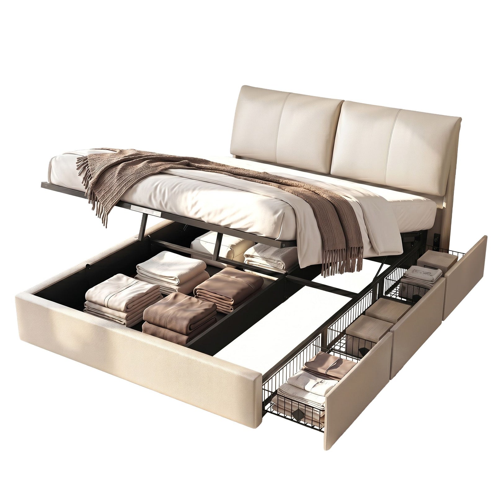Queen Bed Frame | Gas Lift Storage Base with 3 Drawers & Adjustable Headboard
