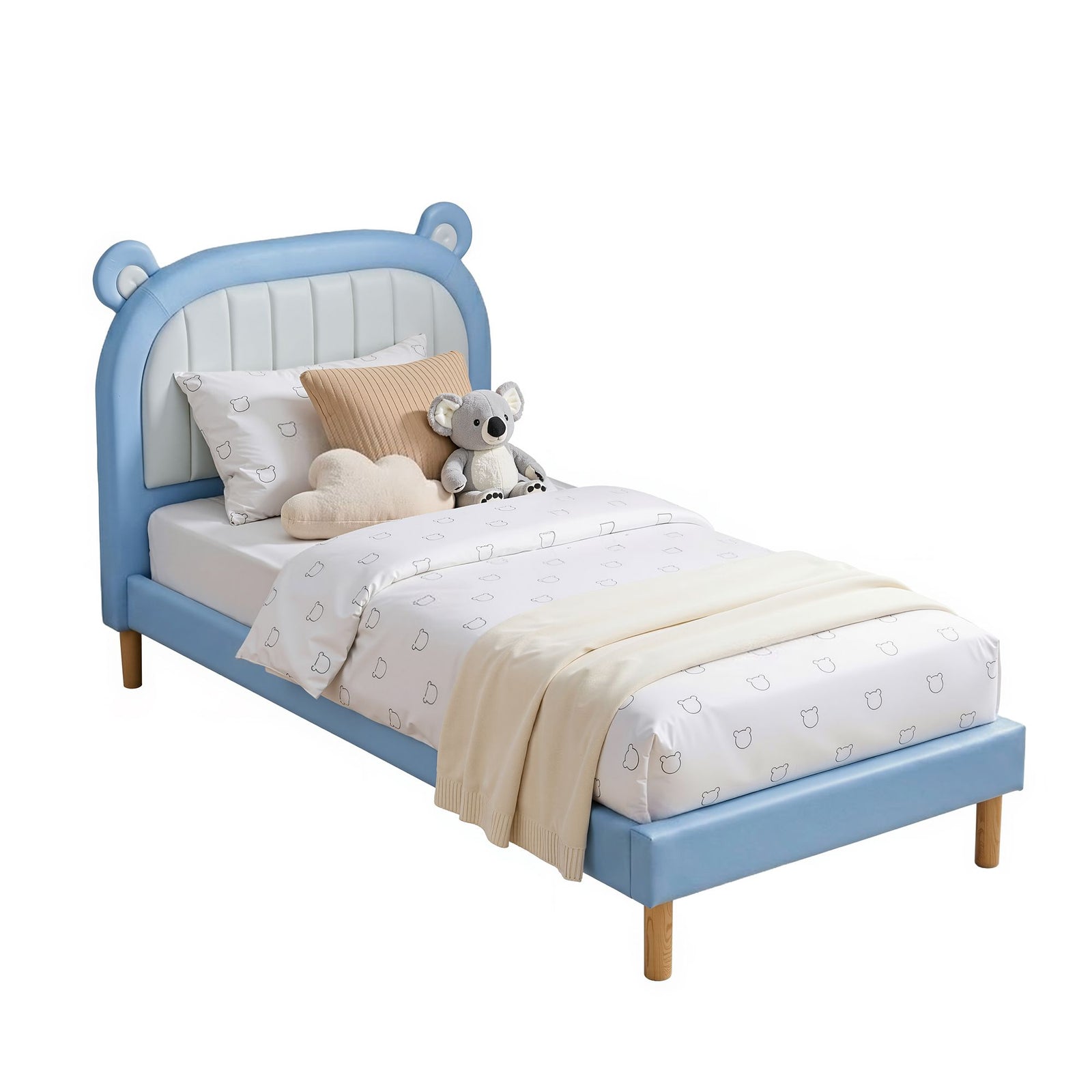 Kids King Single Bed Frame | Bear Headboard | Blue & White