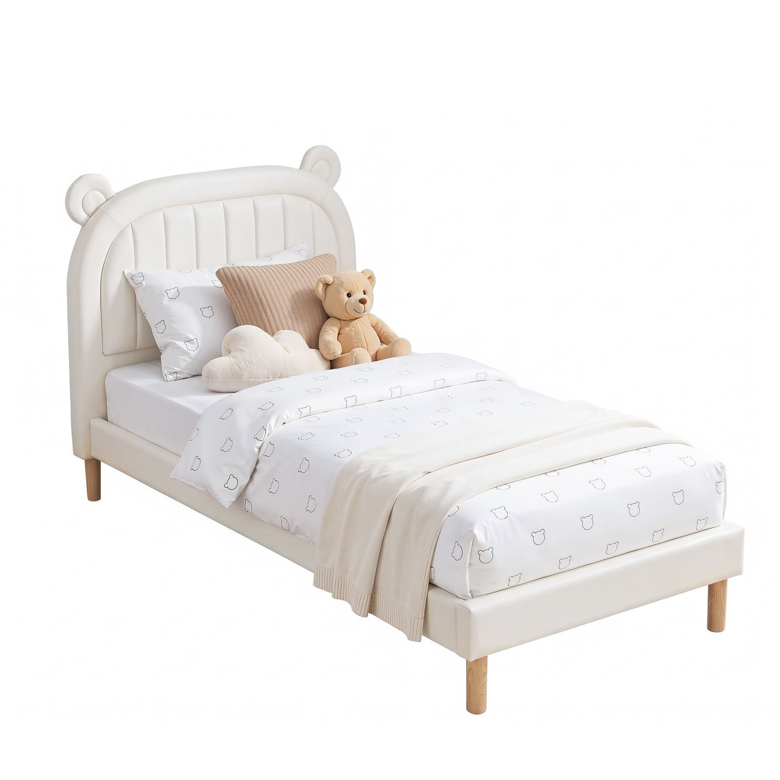 Kids King Single Bed Frame | Bear Ears Headboard | Upholstered Platform Bed