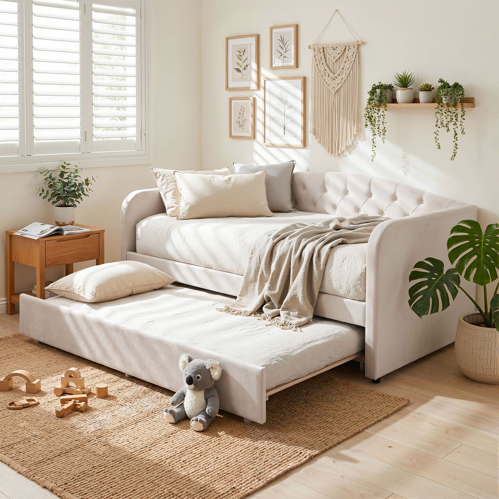 Single Daybed | Velvet Trundle Guest Bed with Tufted Design