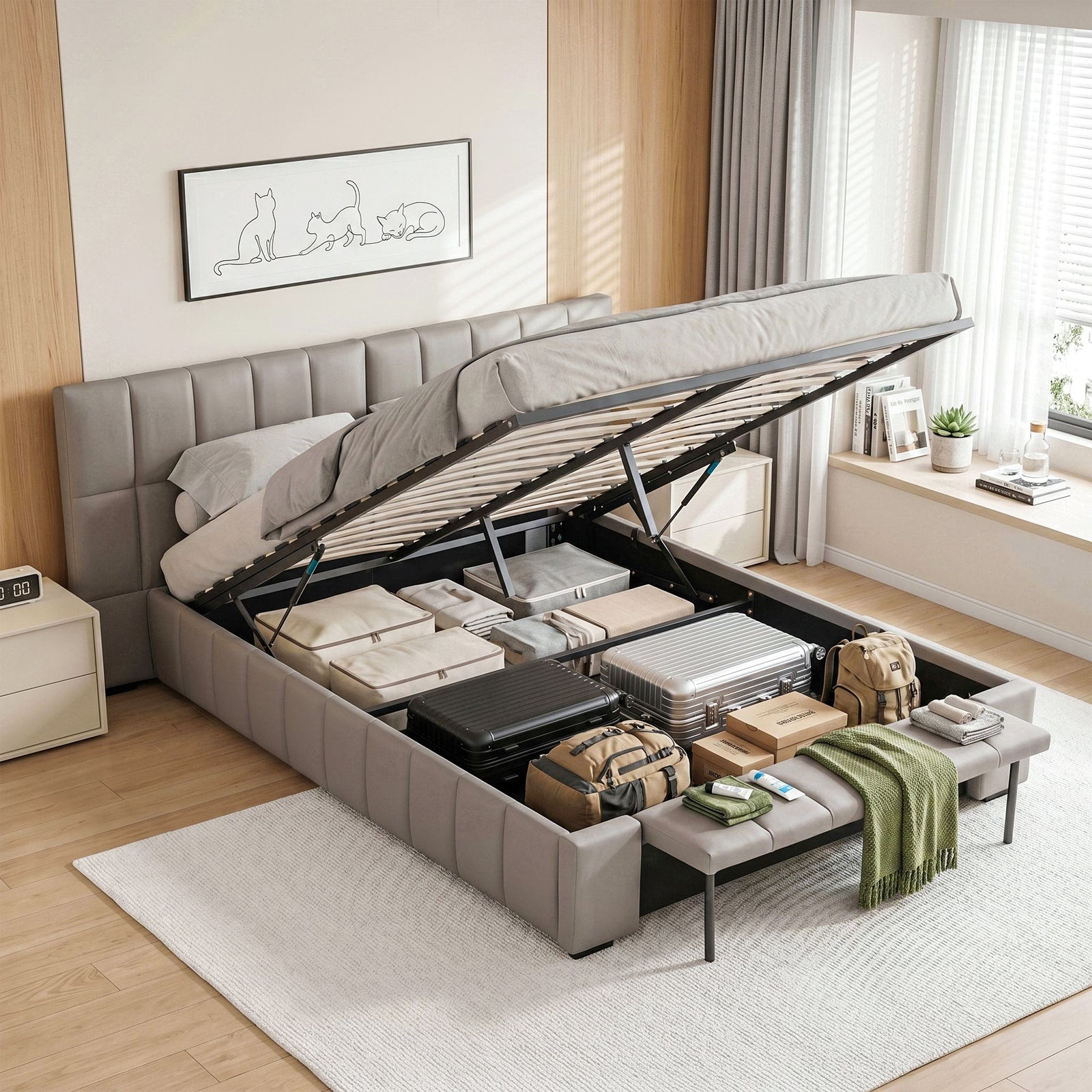 Queen Gas Lift Bed Frame | Upholstered Storage Base with Foldable Bench