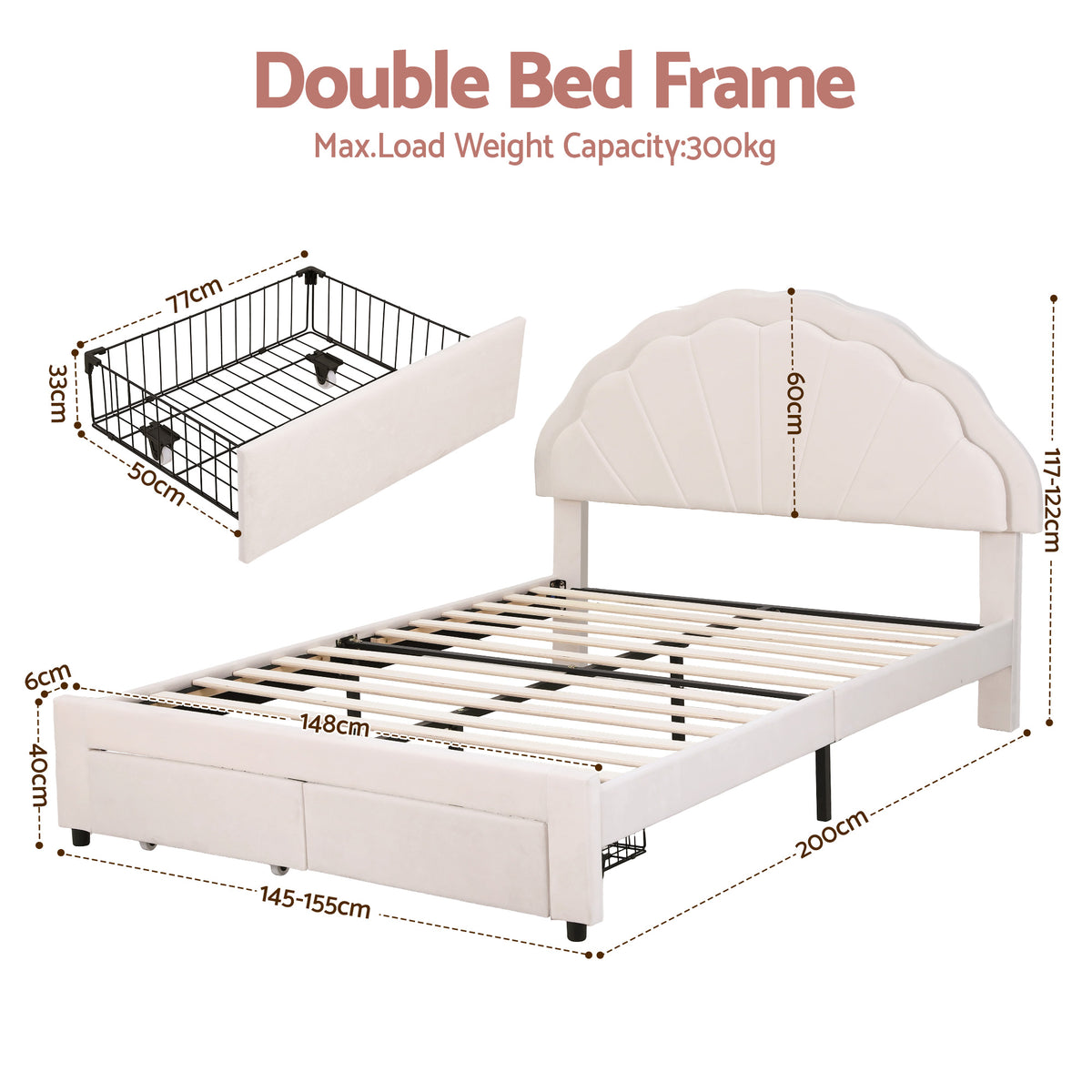 Double Bed Frame | Upholstered Velvet | Storage Drawers | LED Headboard