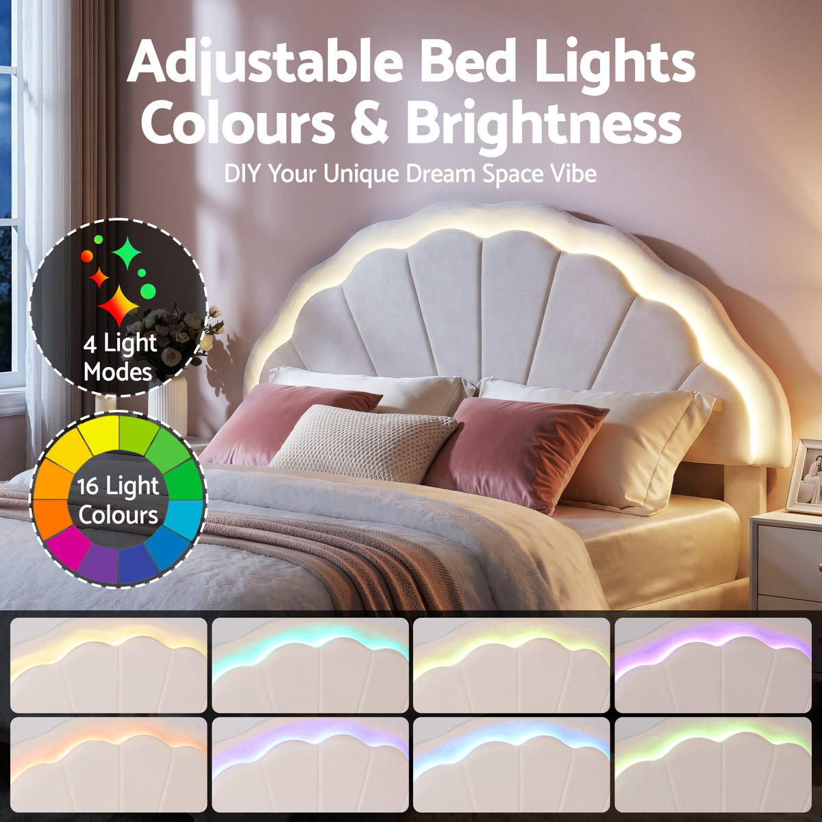 Double Bed Frame | Upholstered Velvet | Storage Drawers | LED Headboard