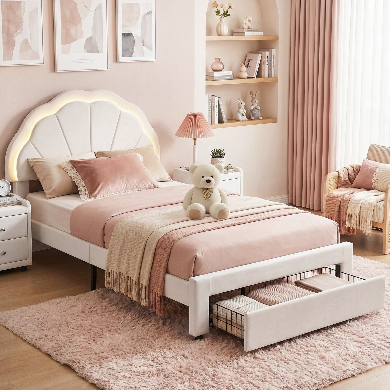 King Single Bed Frame | Velvet Upholstered Base with Storage Drawer & LED Headboard