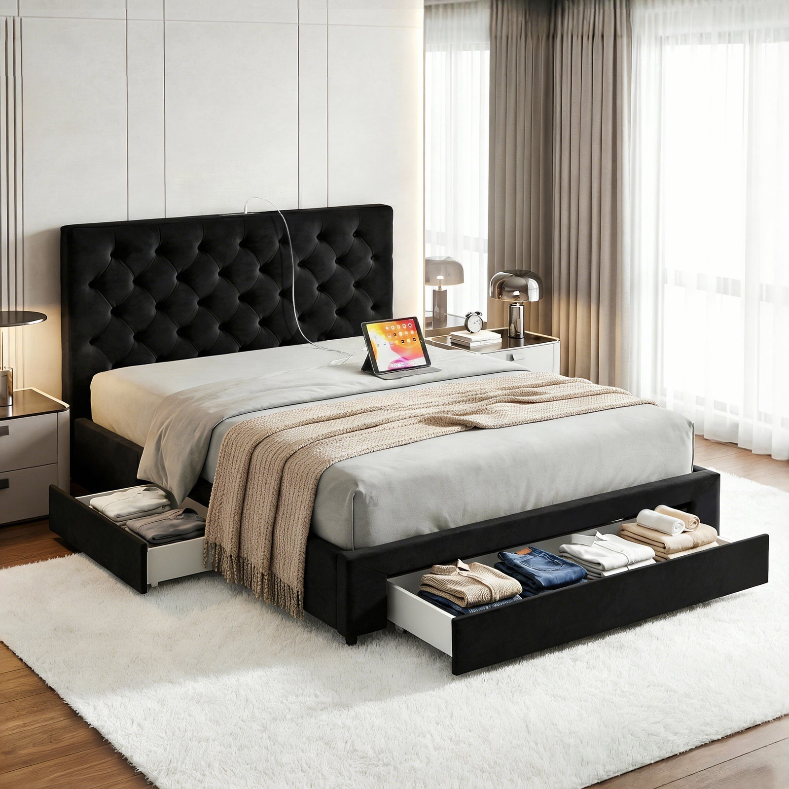Double Bed Frame | Upholstered Storage | 3 Drawers | USB + Type-C Charging