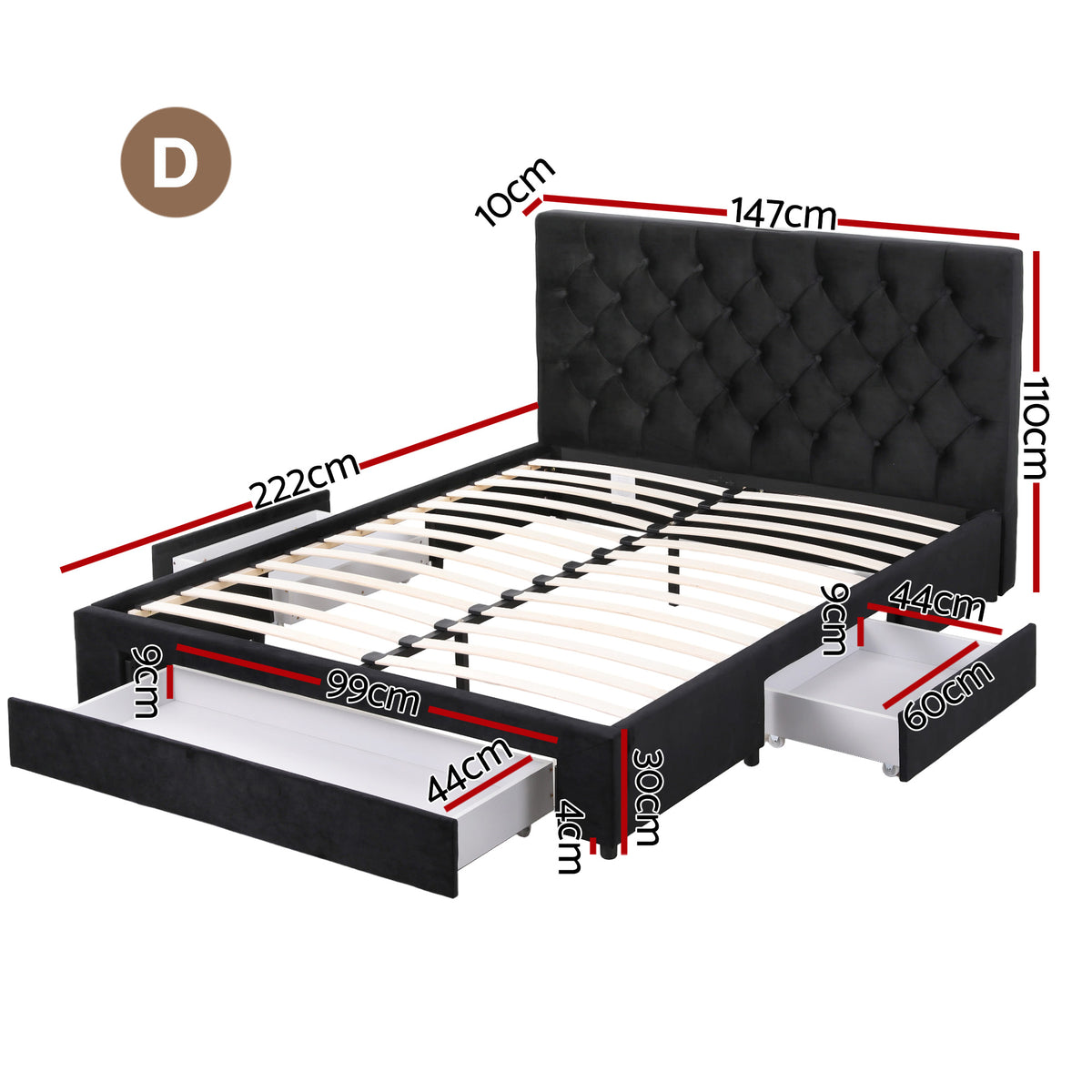 Double Bed Frame | Upholstered Storage | 3 Drawers | USB + Type-C Charging
