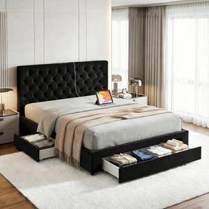 King Bed Frame | Upholstered Storage | 3 Drawers | USB + Type-C Charging