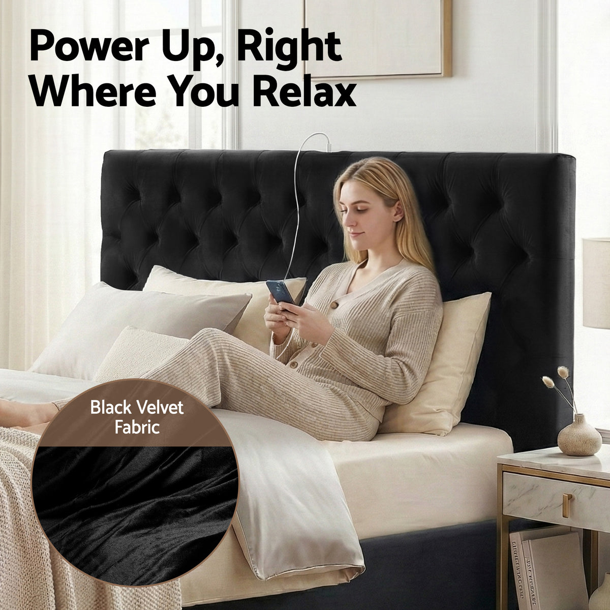 King Bed Frame | Upholstered Storage | 3 Drawers | USB + Type-C Charging